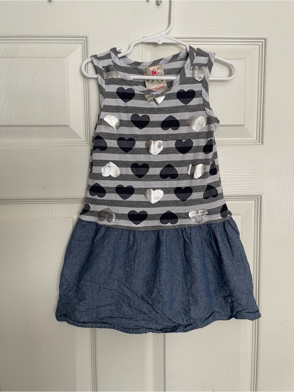 Jenna & Jessie USA Girls 4T Sleeveless Heart Stripe Dress in Gray and Blue